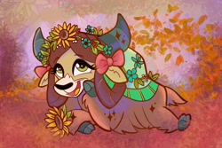 Size: 2048x1364 | Tagged: dead source, safe, artist:sophie scruggs, yona, yak, g4, abstract background, bow, cloven hooves, cute, female, floral head wreath, flower, flower in hair, hair bow, monkey swings, solo, yonadorable
