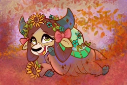 Size: 2048x1364 | Tagged: safe, alternate version, artist:sophie scruggs, yona, yak, g4, abstract background, bow, cloven hooves, cute, female, floral head wreath, flower, flower in hair, hair bow, happy, monkey swings, solo, sunflower, yonadorable