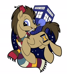 Size: 1863x2048 | Tagged: dead source, safe, alternate version, artist:sophillia, doctor whooves, time turner, earth pony, pony, g4, clothes, doctor who, fez, hat, male, mouth hold, scarf, simple background, solo, sonic screwdriver, stallion, striped scarf, tardis, the doctor, white background