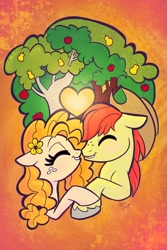 Size: 1364x2048 | Tagged: dead source, safe, artist:sophie scruggs, bright mac, pear butter, earth pony, pony, g4, abstract background, apple, apple tree, boop, duo, eyes closed, female, floating heart, hat, heart, holding hooves, intertwined trees, male, mare, noseboop, pear tree, ship:brightbutter, shipping, stallion, straight, tree