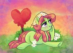 Size: 2048x1478 | Tagged: dead source, safe, artist:sophillia, tree hugger, earth pony, pony, g4, abstract background, blushing, cute, female, flower, hoof on chin, huggerbetes, lying down, mare, missing cutie mark, prone, smiling, solo, tree