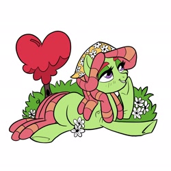 Size: 2048x2048 | Tagged: dead source, safe, alternate version, artist:sophie scruggs, tree hugger, earth pony, pony, g4, female, flower, high res, hoof on chin, lying down, mare, simple background, smiling, solo, white background