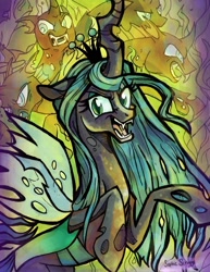 Size: 989x1280 | Tagged: safe, artist:sophie scruggs, queen chrysalis, changeling, changeling queen, g4, crown, female, jewelry, lidded eyes, open mouth, open smile, rearing, regalia, smiling
