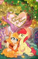 Size: 828x1280 | Tagged: safe, artist:sophie scruggs, bright mac, pear butter, earth pony, pony, g4, apple, apple tree, blushing, colored pupils, female, guitar, hat, intertwined trees, looking at each other, male, mare, musical instrument, pear tree, ship:brightbutter, shipping, stallion, straight, tree