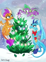 Size: 960x1280 | Tagged: safe, artist:sophillia, princess ember, smolder, spike, dragon, g4, christmas, christmas tree, clothes, crossed arms, crystal, crystal tree, dragon trio, flying, holiday, mug, scarf, snow, string lights, tree, winged spike, wings
