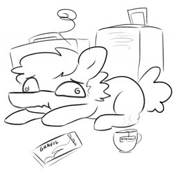 Size: 1440x1440 | Tagged: safe, artist:tjpones, oc, oc only, oc:tjpones, earth pony, pony, black and white, cup, food, glasses, grayscale, luggage, lying down, male, monochrome, nauseous, prone, simple background, solo, stallion, swirly eyes, tea, teacup, white background