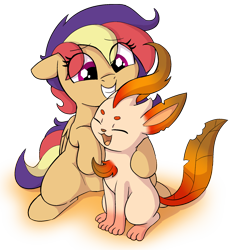 Size: 1808x1968 | Tagged: safe, artist:heretichesh, oc, oc:crystal rose, oc:cypress, crystal pony, leafeon, pony, alternate color palette, duo, female, friendship, happy, male, mare, pokémon, simple background, sitting, transparent background