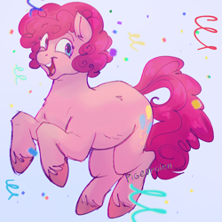 Size: 824x825 | Tagged: safe, artist:pigeorgien, pinkie pie, earth pony, pony, g4, confetti, curly mane, cute, diapinkes, female, happy, hoof fluff, jumping, mare, open mouth, pigeorgien is trying to murder us, solo