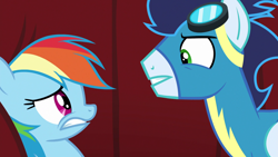 Size: 1920x1080 | Tagged: safe, screencap, rainbow dash, soarin', pegasus, pony, g4, rarity investigates, eye contact, female, frown, glare, gritted teeth, looking at each other, looking at someone, male, mare, scared, stallion