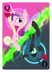 Size: 1500x2100 | Tagged: safe, artist:sixes&sevens, princess cadance, queen chrysalis, alicorn, changeling, changeling queen, pony, g4, female, looking at each other, playing card, queen of hearts