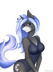 Size: 946x1280 | Tagged: safe, artist:furrycrystal, oc, oc only, unicorn, anthro, breasts, clothes, commission, cutie mark, digital art, female, horn, looking at you, one-piece swimsuit, simple background, solo, swimsuit, tail, thighs, white background, ych result