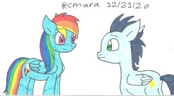 Size: 1373x756 | Tagged: safe, artist:cmara, rainbow dash, soarin', pegasus, pony, g4, female, looking at each other, male, mare, ship:soarindash, shipping, simple background, stallion, straight, traditional art, white background