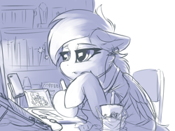 Size: 2400x1800 | Tagged: safe, artist:ravistdash, derpibooru exclusive, oc, oc only, oc:ravist, oc:twilight thunder, pegasus, pony, bookshelf, box, cellphone, chair, chinese, clothes, coffee, computer, cute, drawing, drawing tablet, drink, female, laptop computer, mare, milk tea, monochrome, phone, photo, photo frame, shirt, sitting, smartphone, solo, t-shirt, tired, trophy