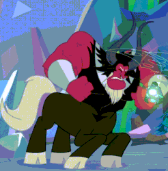 Size: 832x844 | Tagged: safe, edit, edited screencap, screencap, lord tirek, queen chrysalis, centaur, g4, the ending of the end, angry, animated, bell, bracer, cloven hooves, colored hooves, cropped, eyes closed, fist, grogar's bell, lip bite, male, male focus, muscles, muscular male, nose piercing, nose ring, piercing, reversed, septum piercing, solo focus, vein, vein bulge