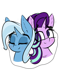 Size: 4500x5500 | Tagged: safe, artist:flywheel, starlight glimmer, trixie, pony, unicorn, g4, bust, doodle, duo, female, lesbian, ship:startrix, shipping, simple background, transparent background
