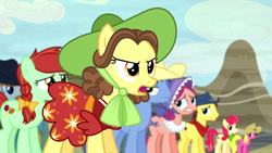 Size: 1920x1080 | Tagged: safe, screencap, apple bumpkin, bandana baldwin, blues, bonnie rose, candy apples, cherry berry, high stakes, may fair, noteworthy, pokerhooves, earth pony, pony, appleoosa's most wanted, g4, apple family member, clothes, female, hat, male, mare, neckerchief, stallion