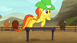 Size: 1920x1080 | Tagged: safe, screencap, pumpkin soup, bison, buffalo, earth pony, pony, appleoosa's most wanted, g4, female, hat, hurdle, jumping, mare, unnamed buffalo, unnamed character