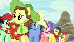 Size: 1920x1080 | Tagged: safe, screencap, apple bumpkin, bandana baldwin, blues, bonnie rose, candy apples, cherry berry, high stakes, jade spade, may fair, noteworthy, pokerhooves, earth pony, pony, appleoosa's most wanted, g4, apple family member, clothes, female, hat, male, mare, neckerchief, stallion