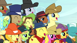 Size: 1920x1080 | Tagged: safe, screencap, apple munchies, bandana baldwin, cherry berry, doctor whooves, goldengrape, high stakes, jade spade, jonagold, lucky clover, marmalade jalapeno popette, may fair, mccree, meadow song, poirot braneigh, sir colton vines iii, time turner, yuma spurs, earth pony, pony, appleoosa's most wanted, g4, apple family member, appleloosa resident, female, hat, male, mare, stallion