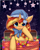 Size: 2000x2500 | Tagged: safe, artist:avrameow, sunset shimmer, pony, unicorn, g4, abstract background, blushing, bow, box, christmas, christmas lights, cute, eye clipping through hair, eyebrows, eyebrows visible through hair, female, hat, high res, holiday, looking at you, mare, pony in a box, present, shimmerbetes, solo