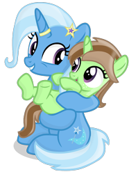 Size: 1532x2062 | Tagged: safe, artist:grapefruitface1, trixie, oc, oc:limey lulamoon, pony, unicorn, g4, base used, duo, female, filly, freckles, hairpin, horn, horn ring, hug, jewelry, like mother like daughter, like parent like child, looking at each other, offspring, older, older trixie, parent:oc:grapefruit face, parent:trixie, parents:canon x oc, parents:grapexie, ring, show accurate, simple background, transparent background, updated, wedding ring