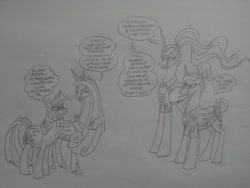 Size: 2592x1944 | Tagged: safe, artist:princebluemoon3, princess cadance, princess celestia, princess luna, twilight sparkle, alicorn, pony, series:princess pony gains, between dark and dawn, g4, alicorn tetrarchy, alternate hairstyle, clothes, concave belly, evil smile, grayscale, grin, hawaiian shirt, height difference, jewelry, long mane, monochrome, nervous, nervous smile, physique difference, regalia, shirt, sketch, slender, smiling, sweat, sweatdrop, tall, thin, this will end in weight gain, traditional art, twilight sparkle (alicorn), weight gain sequence