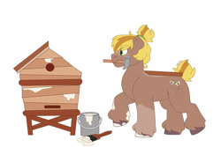 Size: 1280x854 | Tagged: safe, artist:itstechtock, oc, oc only, oc:sweet bee, earth pony, pony, apiary, hammer, male, mouth hold, offspring, parent:big macintosh, parent:marble pie, parents:marblemac, simple background, solo, stallion, white background, wood