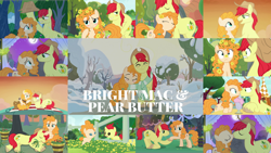 Size: 1978x1113 | Tagged: safe, edit, edited screencap, editor:quoterific, screencap, bright mac, pear butter, g4, the perfect pear, apple, apple tree, clothes, female, fence, guitar, male, mare in the moon, moon, musical instrument, pear tree, picnic blanket, rain, scarf, shared clothing, shared scarf, ship:brightbutter, shipping, snow, straight, tree
