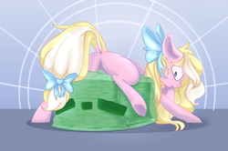 Size: 1711x1136 | Tagged: safe, artist:adelfrey, oc, oc only, oc:bay breeze, earth pony, pegasus, pony, bow, butt, crossover, cute, dock, duo, featureless crotch, female, hair bow, mare, minecraft, open mouth, plot, slime (minecraft), surprised, tail, tail bow, underhoof