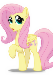 Size: 1980x2800 | Tagged: safe, artist:whitequartztheartist, fluttershy, pegasus, pony, g4, female, folded wings, high res, looking at you, mare, open mouth, raised hoof, simple background, solo, standing, three quarter view, white background, wings