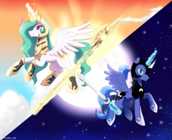 Size: 1100x899 | Tagged: safe, artist:riouku, princess celestia, princess luna, alicorn, pony, fall of the crystal empire, g4, armor, cloud, commission, crepuscular rays, female, glowing horn, halberd, horn, magic, moon, royal sisters, sisters, stars, sun, sword, weapon