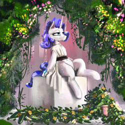Size: 2000x2000 | Tagged: safe, artist:imadeoos, rarity, pony, unicorn, g4, clothes, dress, female, flower, high res, looking away, mare, plants, potted plant, sitting, solo