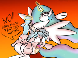 Size: 642x482 | Tagged: safe, artist:banebuster, cozy glow, princess celestia, alicorn, pegasus, pony, series:tiny tia, g4, alternate ending, angry, cozybuse, discipline, duo, duo female, female, filly, freckles, glowing horn, gradient background, horn, imminent spanking, magic, open mouth, over the knee, punish the villain, punishment, spanking, spoiled brat, tail, tail pull, telekinesis, this will end in pain
