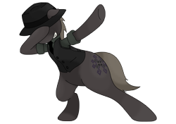 Size: 2480x1748 | Tagged: safe, artist:darkhooves, derpibooru exclusive, oc, oc only, oc:darkhooves, earth pony, pony, 2021 community collab, derpibooru community collaboration, bipedal, clothes, dab, earth pony oc, eyeless pony, fedora, floppy ears, grin, hat, high res, male, necktie, rolled up sleeves, shirt, simple background, smiling, solo, stallion, transparent background, underhoof, vest