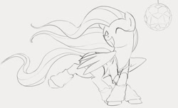 Size: 1193x723 | Tagged: safe, artist:dotkwa, fluttershy, pegasus, pony, g4, dancing, disco ball, eyes closed, female, grayscale, leg warmers, lineart, mare, monochrome, open mouth, raised leg, simple background, sketch, smiling, solo, spread wings, turned head, white background, wings
