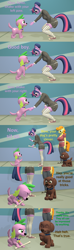 Size: 1920x6480 | Tagged: safe, artist:papadragon69, carrot top, golden harvest, sci-twi, spike, spike the regular dog, twilight sparkle, dog, earth pony, unicorn, anthro, equestria girls, g4, 3d, bone, chocolate labrador, clothes, comic, dialogue, old master q, paw patrol, puppy, reference, socks, source filmmaker, stockings, striped socks, thigh highs, trick, zuma (paw patrol)
