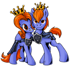 Size: 1856x1751 | Tagged: safe, artist:sonicpegasus, oc, oc:prince baltic, oc:princess pomerania, earth pony, pony, 2021 community collab, derpibooru community collaboration, brother and sister, clothes, coat, crown, female, hug, jewelry, male, regalia, shield, siblings, simple background, size difference, transparent background, tribrony, twins