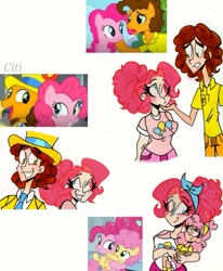 Size: 719x873 | Tagged: safe, artist:citi, screencap, cheese sandwich, li'l cheese, pinkie pie, human, g4, pinkie pride, the last laugh, the last problem, clothes, cutie mark, cutie mark on clothes, female, humanized, male, mother and child, mother and son, older, older pinkie pie, scene interpretation, screencap reference, ship:cheesepie, shipping, straight