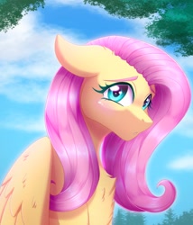 Size: 1337x1560 | Tagged: safe, artist:_ladybanshee_, fluttershy, pegasus, pony, g4, blushing, bust, chest fluff, cute, female, floppy ears, looking at you, mare, nature, outdoors, portrait, shyabetes, sky, solo, three quarter view, wings