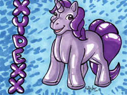 Size: 418x313 | Tagged: safe, artist:hollyann, oc, oc only, inflatable pony, pony, unicorn, abstract background, horn, inflatable, male, signature, smiling, solo, stallion, traditional art, unicorn oc