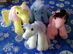 Size: 614x461 | Tagged: safe, artist:hollyann, oc, oc only, earth pony, pegasus, pony, unicorn, crochet, earth pony oc, horn, irl, pegasus oc, photo, plushie, traditional art, unicorn oc, wings