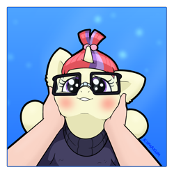 Size: 1500x1500 | Tagged: safe, artist:kumakum, part of a set, moondancer, pony, unicorn, blushing, clothes, cute, dancerbetes, female, glasses, hands on cheeks, happy, looking at you, male, male pov, mare, offscreen character, pov, smiling, sweater, weapons-grade cute