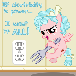 Size: 6969x6969 | Tagged: safe, artist:kmlp, derpibooru exclusive, cozy glow, pegasus, pony, absurd resolution, do it, do it filly, electrical outlet, evil grin, flying, fork, grin, imminent darwin award, looking at you, meme, pure concentrated unfiltered evil of the utmost potency, pure unfiltered evil, scheming, smiling, talking to viewer, this will end in death, this will end in electrocution, too dumb to live, vector
