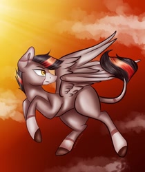 Size: 1080x1286 | Tagged: safe, artist:rxndxm.artist, oc, oc only, pegasus, pony, colored hooves, flying, leonine tail, looking back, outdoors, pegasus oc, solo, wings