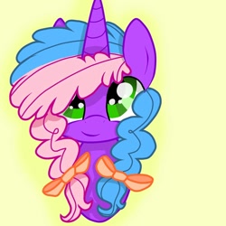 Size: 1080x1080 | Tagged: safe, artist:princessesmeraldaofficial, oc, oc only, pony, unicorn, bow, bust, hair bow, horn, smiling, solo, unicorn oc