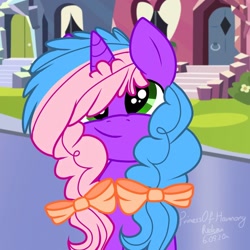 Size: 1080x1080 | Tagged: safe, artist:princessesmeraldaofficial, oc, oc only, pony, unicorn, bow, bust, hair bow, horn, outdoors, signature, smiling, solo, unicorn oc