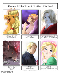 Size: 850x1015 | Tagged: safe, artist:colanike, applejack, earth pony, hedgehog, human, pony, g4, bust, clothes, crossover, edward elric, eye scar, eyes closed, female, fullmetal alchemist, hoers, male, mare, mug, open mouth, scar, shadow the hedgehog, six fanarts, sleeping, sonic the hedgehog (series), star butterfly, star vs the forces of evil