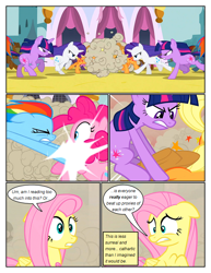 Size: 612x792 | Tagged: safe, artist:newbiespud, edit, edited screencap, screencap, applejack, fluttershy, pinkie pie, rainbow dash, rarity, twilight sparkle, earth pony, pegasus, pony, unicorn, comic:friendship is dragons, a canterlot wedding, g4, season 2, ball of violence, comic, dialogue, disguise, disguised changeling, eyelashes, eyes closed, female, fight, frown, glare, gritted teeth, hat, mane six, mare, running, screencap comic, unicorn twilight