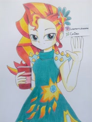 Size: 3120x4160 | Tagged: safe, artist:crydevi, sunset shimmer, equestria girls, g4, my little pony equestria girls: legend of everfree, alternate hairstyle, clothes, dress, drink, hairpin, smiling, solo, traditional art, waving