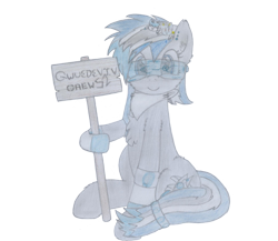 Size: 1923x1669 | Tagged: safe, artist:fliegerfausttop47, artist:radioactive nero, oc, oc only, oc:ipp syndrome, earth pony, pony, 2021 community collab, derpibooru community collaboration, arm fluff, background removal needed, blue eyes, bracelet, cheek fluff, chest fluff, crew 52, cute, female, fluffy, gift art, goggles, hi-tech, holographic sight, hoof fluff, jewelry, leg fluff, mare, ocbetes, plushie, qwuedeviv, sign, signal, simple background, smiling, solo, technology, traditional art, transparent background, visor, void-shark